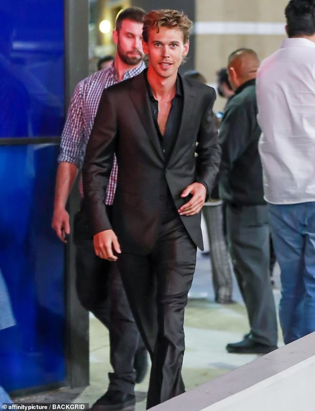 Getting ready: Austin Butler, 31, was seen wearing a black suit while attending an Elvis Q&A in Los Angeles on Saturday.