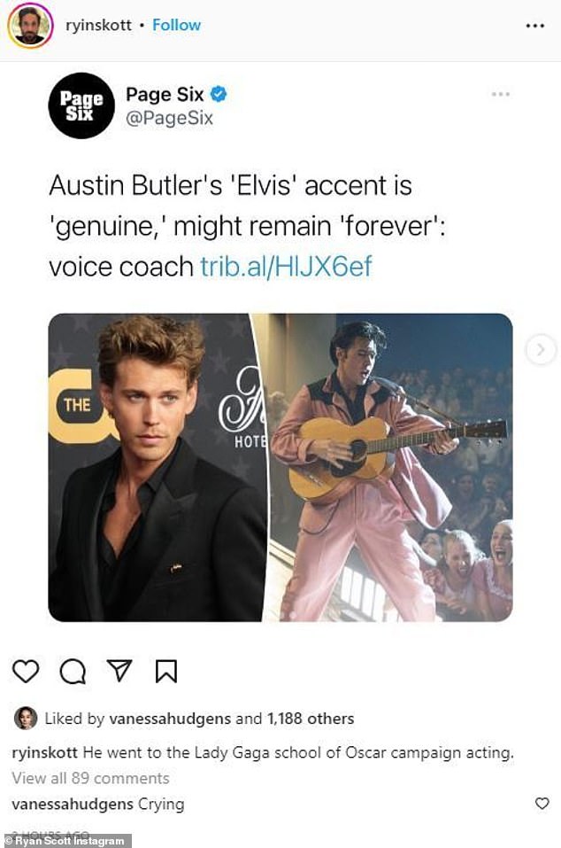 Roasting: Vanessa Hudgens appears to be throwing shade at her ex-boyfriend Austin Butler after he mercilessly mocked him for keeping his accent for Baz Luhrmann's Elvis biopic