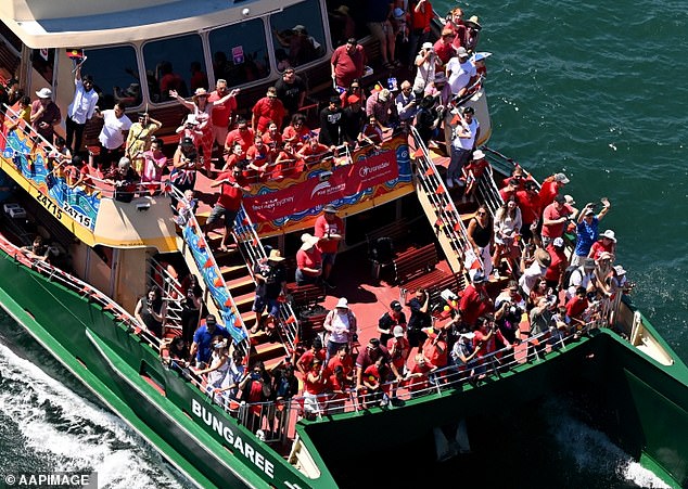 Only a couple of Australian flags were seen on this ferry in Sydney Harbor on Australia Day