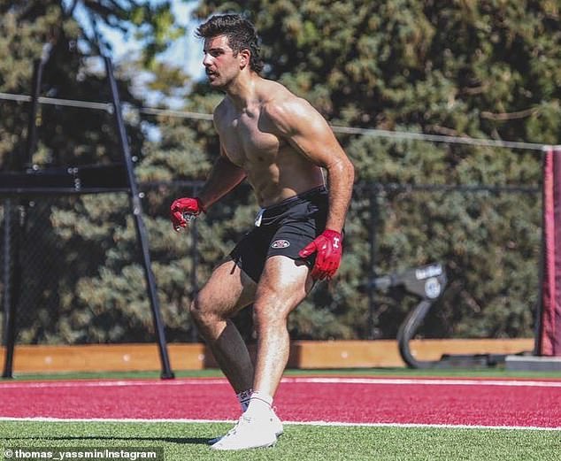 At 200 cm and 113 kg, Yassmin (pictured practicing for the University of Utah) is the ideal size for a tight end, but his speed is one of the things that makes him special.