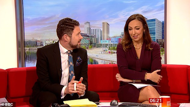 Sad: BBC Breakfast presenter Sally Nugent became visibly emotional on Tuesday while hosting the show alongside co-star Jon Kay