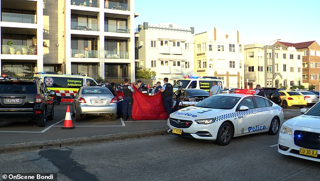 The eight-week-old baby was left unconscious after falling from the arms of a loved one onto the ground in a Bondi Beach parking lot.  Emergency services worked tirelessly to revive the baby (pictured)