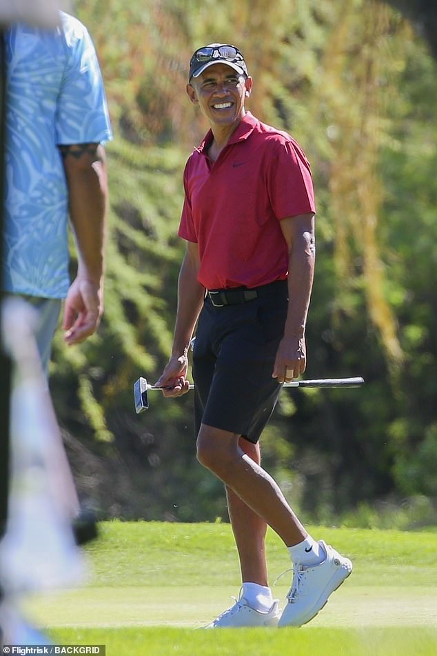 Barack Obama, 61, looked relaxed and happy as he toured the Eva Beach Golf Club on Sunday.