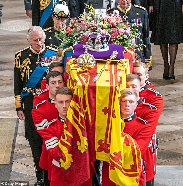 Shameful conditions have been exposed in the barracks where the Army pallbearers who carried the Queen's coffin before her funeral were housed.  Pictured: Pallbearers carrying the coffin of Queen Elizabeth II on September 19, 2022