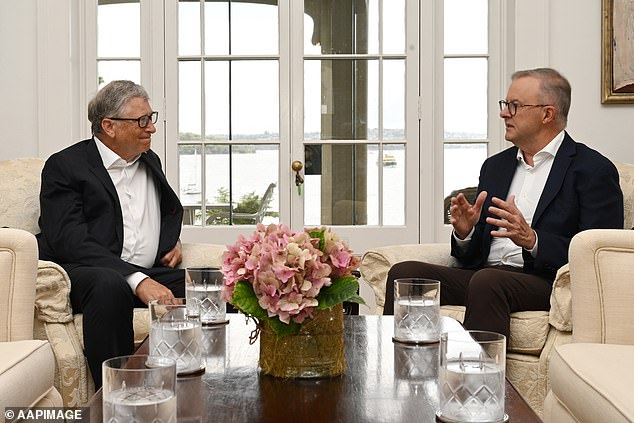 Climate change was high on the agenda when Bill Gates (left) met Prime Minister Anthony Albanese (right) on Saturday.