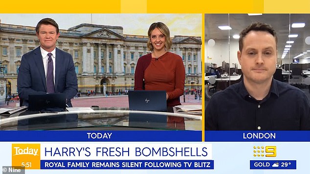 Today, presenter Brooke Boney (centre, with Alex Cullen, left, and Russell Myers, right) questioned Prince Harry's account of the call 