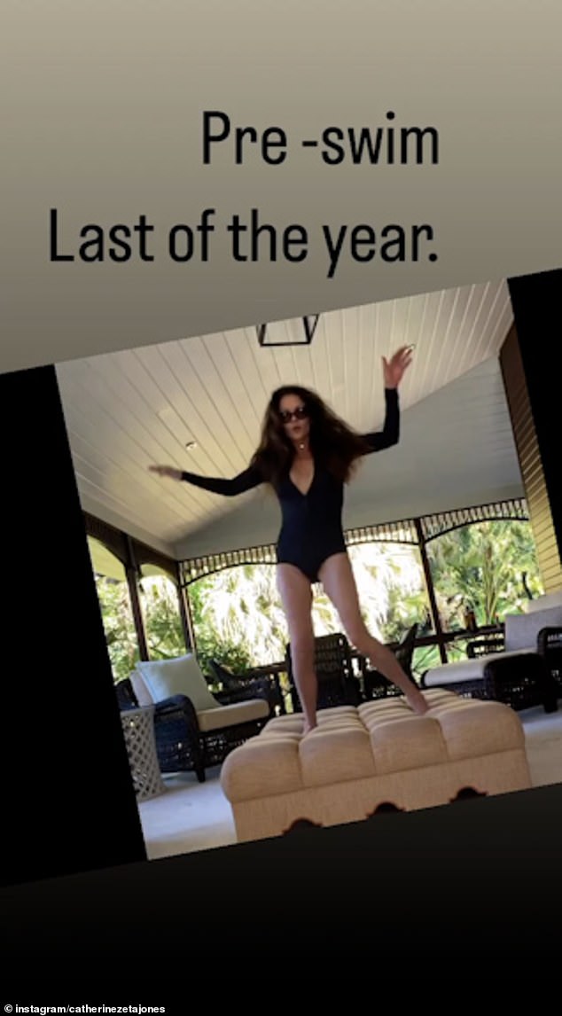 Wow!  Catherine Zeta-Jones flaunted her incredible figure as she danced Our House by Madness before enjoying her last swim of 2022