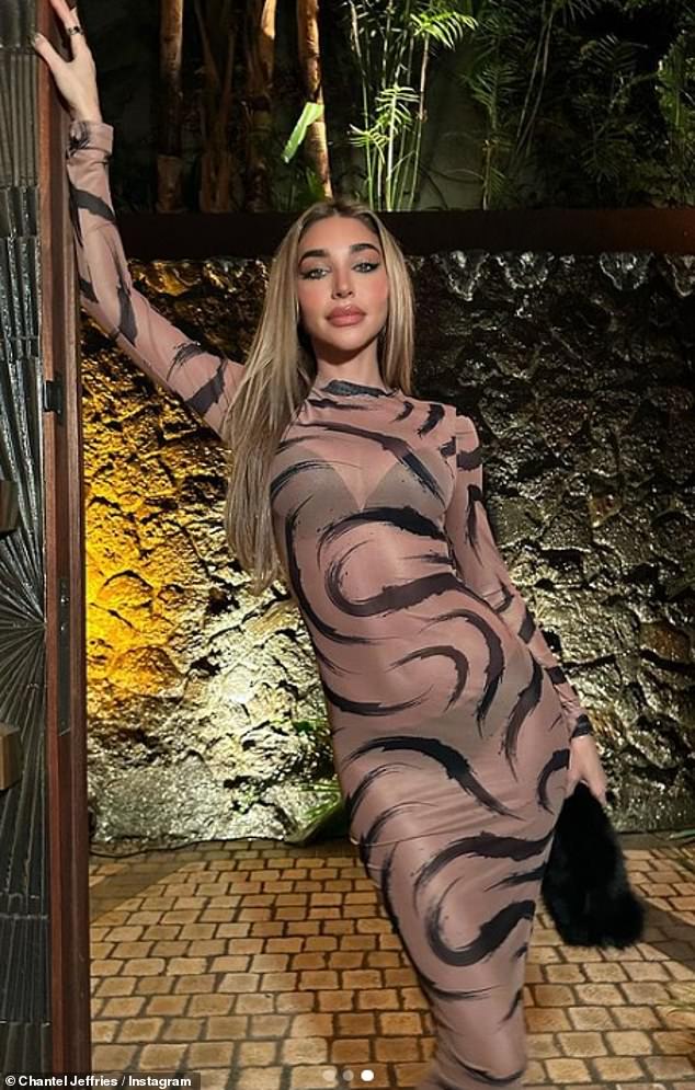 Curves: Chantel Jeffries showed off her curves in a bodycon dress inspired by nature.  The popular DJ, 30, modeled a sheer long-sleeved maxi dress of sheer fabric in nude tones with black tiger stripes on Instagram on Friday.