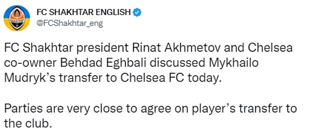 Shakhtar Donetsk announced that a deal that will see Mykhailo Mudryk move to Chelsea is in 