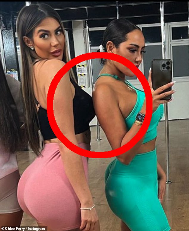 Fail?  Chloe Ferry (left) has been accused of ANOTHER Photoshop glitch as fans see a 'crooked workout top' as she posed for a raunchy gym pic this week with her friend Sophie Kasaei (right)
