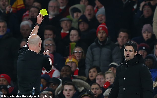 Manager Mikel Arteta was booked in the first half of Arsenal's 3-2 win over Manchester United.