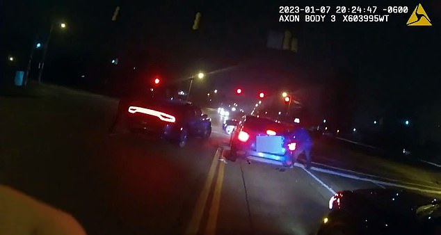 Nichols' car is seen being pulled over at 8:24 pm in southeast Memphis on January 7.