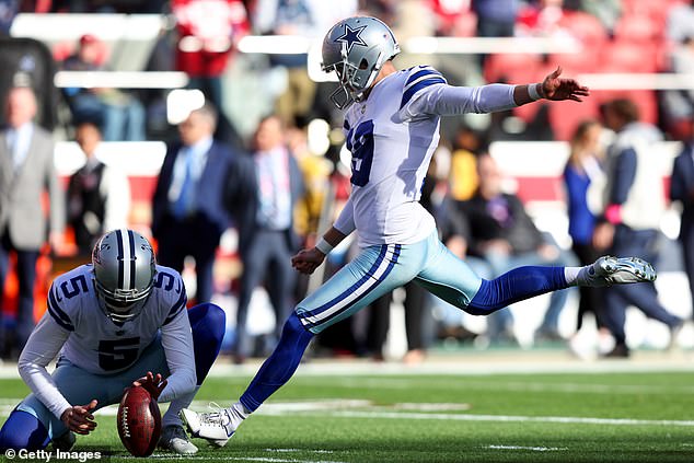 Brett Maher #19 of the Dallas Cowboys warms up before a game against the San Francisco 49ers in the NFC Divisional Playoff game at Levi's Stadium on Sunday