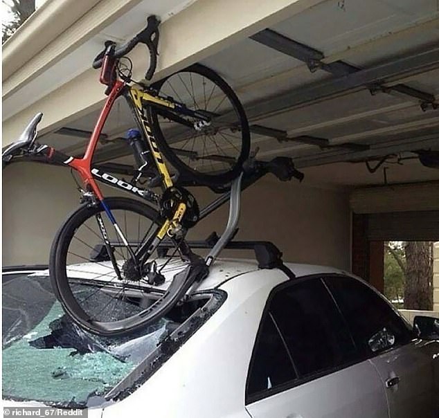 Bad day: Social media users around the world captured their most painfully expensive accidents and Bored Panda rounded up the best in a hilarious gallery that includes someone, in California, who forgot their £4K bike was in the luggage rack of the car car when parked in the garage