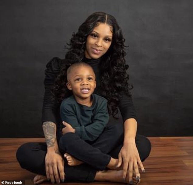 Janae Harris, 23, (pictured with her son, Kaine) had been visiting her boyfriend and cousin at the University of Alabama when she was shot and killed in a car Sunday morning.