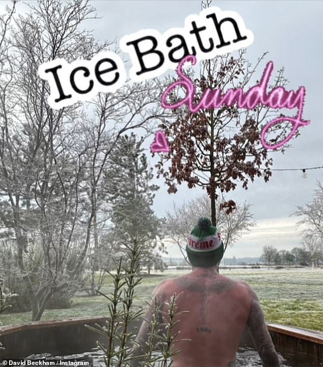 Feeling the cold: David Beckham braved the cold on Sunday morning when he stripped down to a hat to withstand an ice bath