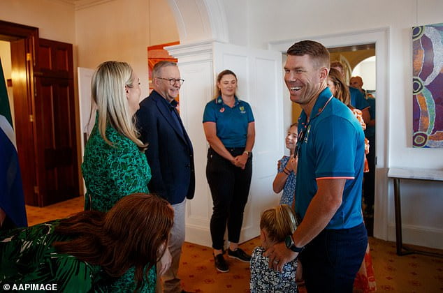 David Warner enjoyed a New Years game of cricket with a very special guest on Sunday.  The 36-year-old cricketer joined Prime Minister Anthony Albanese at Kirribilli House in Sydney for a friendly match.  David is photographed with his children and the PM.