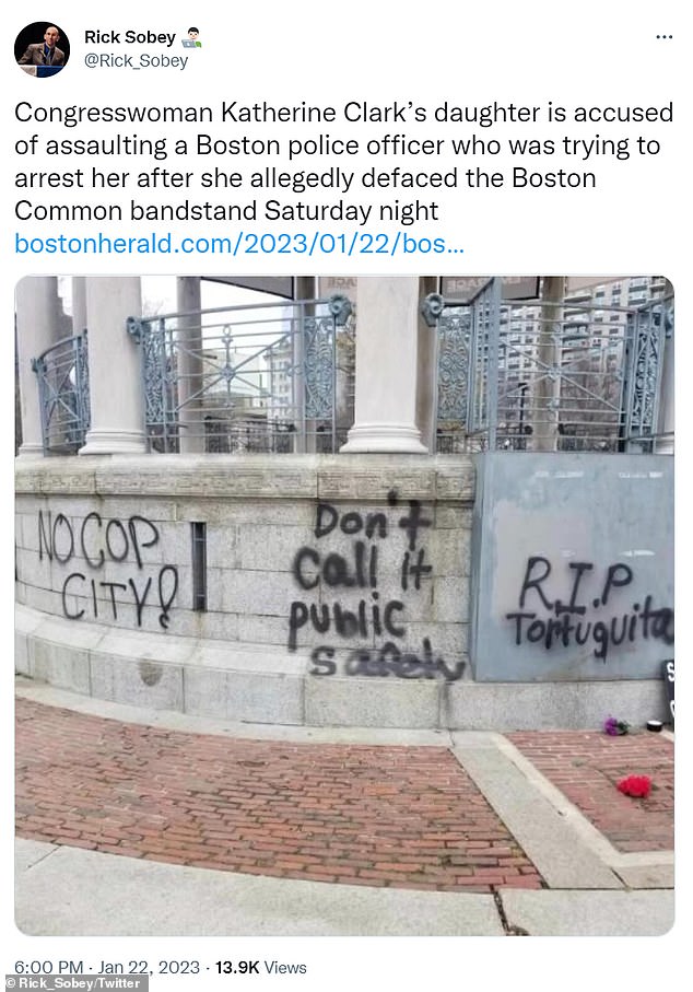 Police allegedly witnessed Jared 'Riley' Dowell spray paint 'All Cops Are Bastards' and 'NO COP CITY' on a Parkman Bandstand monument on the east side of Boston Common on Saturday around 9:30 p.m.