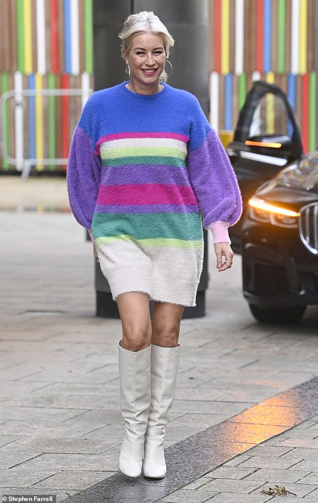 In style: Denise Van Outen put on a leggy display in a colorful jersey dress and knee-high boots as she left Steph's Packed Lunch in Leeds on Thursday