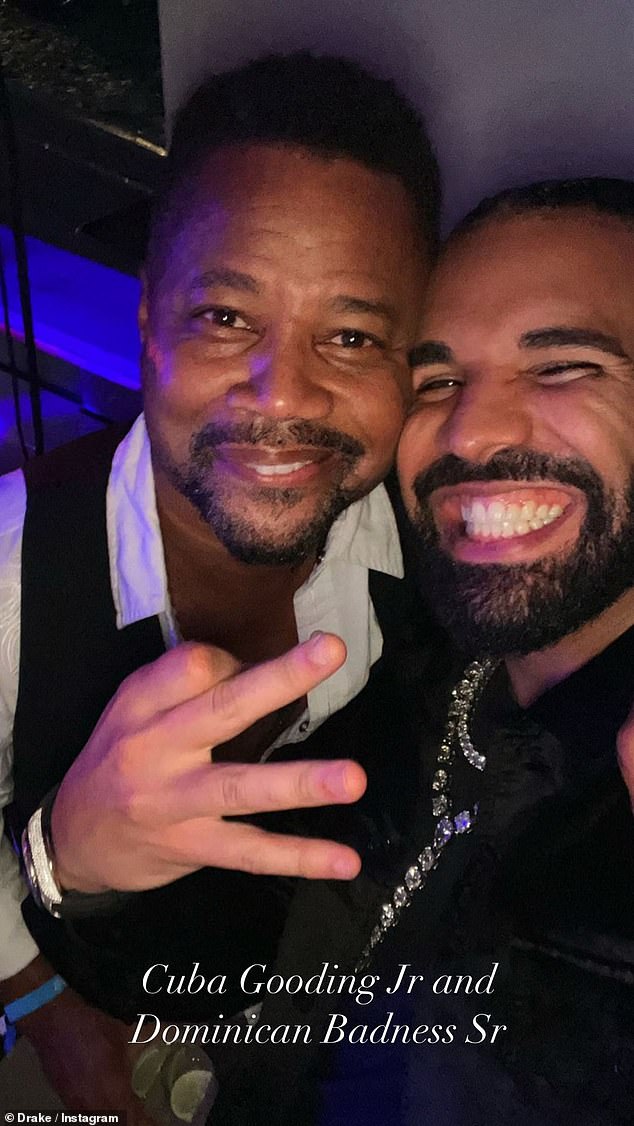 The latest: Drake, 36, took to Instagram on Sunday with a series of posts on Instagram Stories, including one in which he posed with Oscar-winning actor Cuba Gooding Jr., 55, in a post tagged in St .barts.