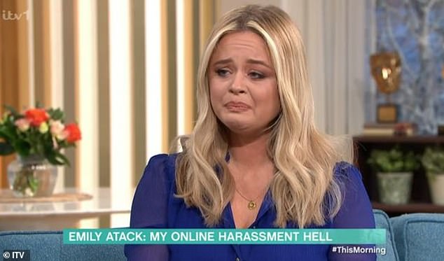 Emotional: Emily Attack broke down Tuesday by admitting she feels sexually assaulted '100 times a day' as a result of the crude messages she receives on social media.