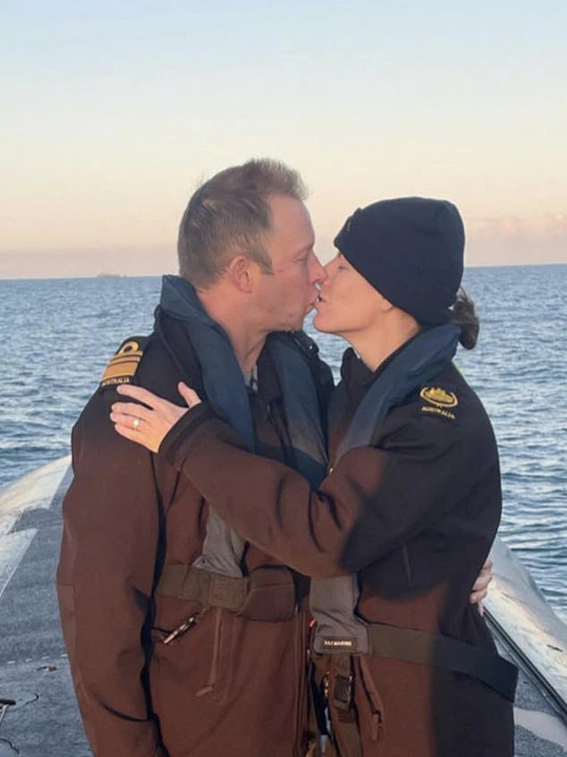 Then-Vice Admiral Michael Noonan got down on one knee to ask his partner Samantha Heighway the question while aboard HMAS Waller on the night of June 23 last year.