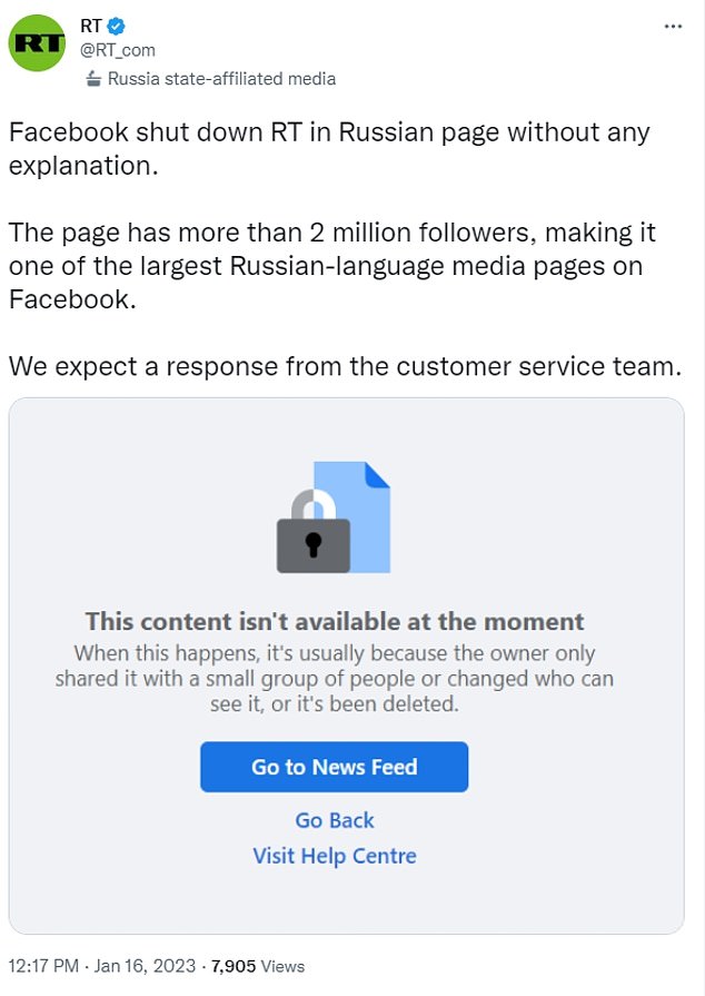 RT News tweeted Monday that Facebook had removed its Russian-language page.