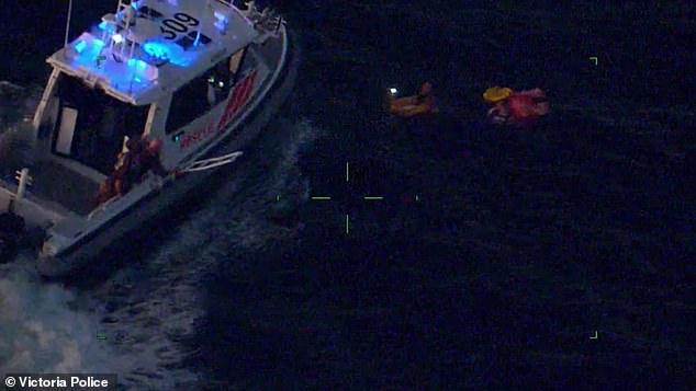 Four men (pictured above right) were left clinging to an Esky and a single life jacket after their recreational boat capsized 1km offshore.