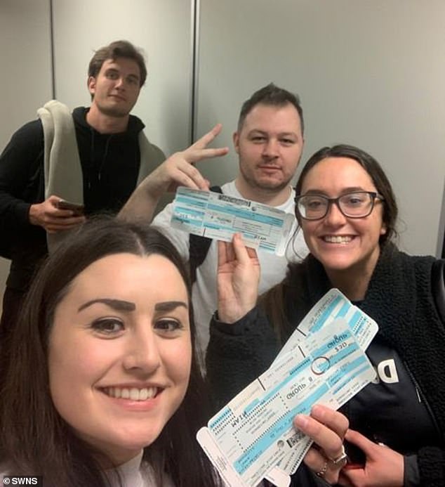 Planes, trains and cars!  Natalie Kulka (front, left), 23, was left stranded after her return flight to Ohio was canceled on December 23, but after she made a joke to other passengers about needing people to drive with home, he recruited three fellow travelers, Sarah, Kevin, and Nick