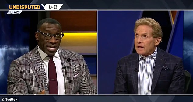 Fox Sports host Skip Bayless (right) has defiantly refused to delete a tweet questioning the NFL's decision to postpone Monday's Bills-Bengals game following Buffalo safety Damar Hamlin's heart attack on the field.  Bayless has come under fire from critics for the tweet, which he addressed during Tuesday's episode of Fox Sports 'Undisputed,' in which co-host Shannon Sharpe (left, Wednesday) was mysteriously absent.