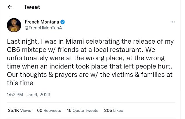 Tweet: The musician, 38, took to Twitter on Friday where he sent 'thoughts and prayers' to those injured in the shooting, said to include Rob49 and a bodyguard.