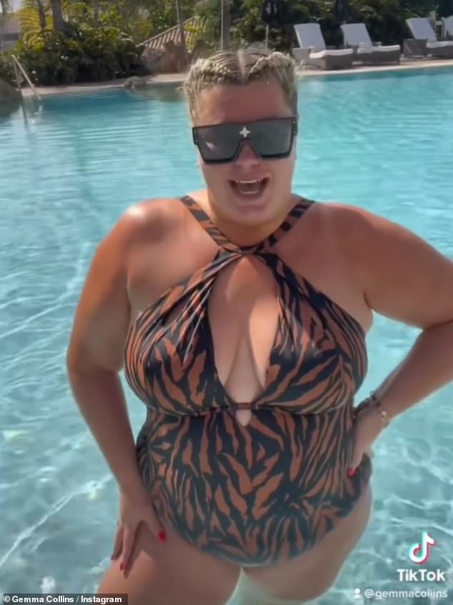 Sun drenched: Gemma Collins, 41, donned a tiger-print bathing suit while relaxing on vacation in Tel Aviv on Wednesday.