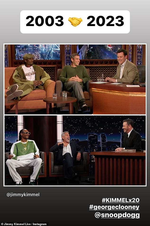 Primetime Special: Jimmy Kimmel Live!  celebrated its 20th anniversary by welcoming the same guests, including George Clooney and Snoop Dogg, who appeared when the show premiered on January 26, 2003.