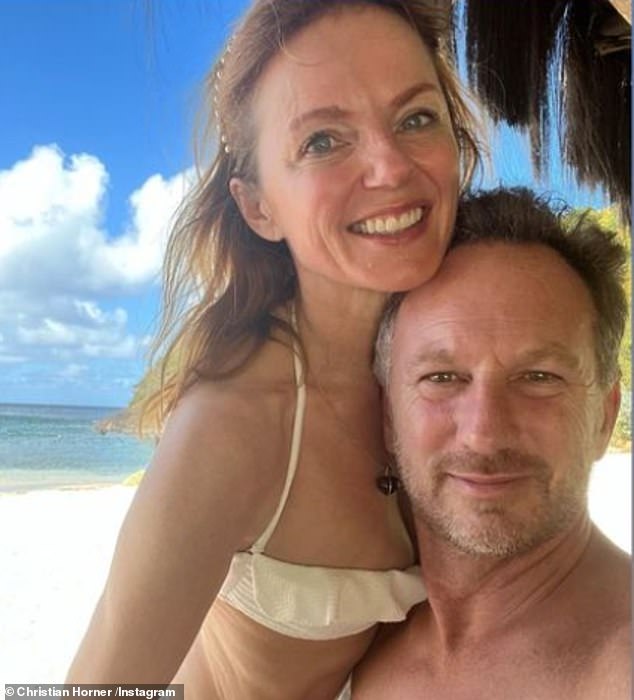 Looking good: Geri Horner kicked off the new year by reaching out to husband Christian Horner for a sweet Instagram snap as she soaked up the sun in a ruffled yellow bikini on Sunday