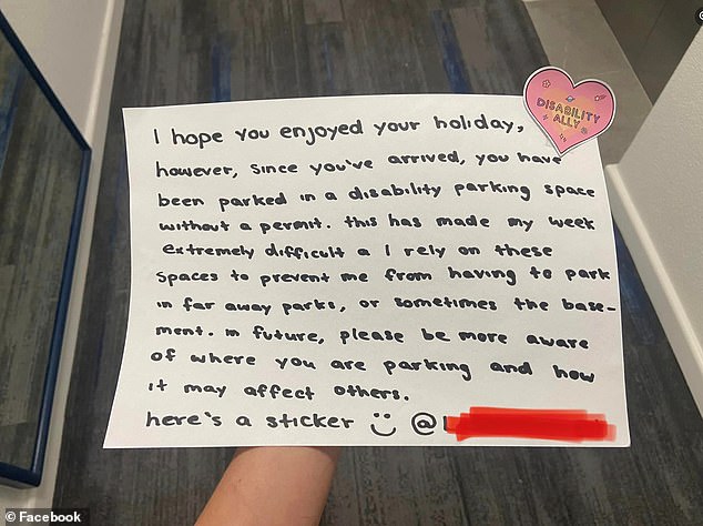 A 19-year-old Gold Coast woman battling a chronic illness shared the kind note (above) she left for a driver who parked in the disabled space of her building for an entire week without a permit.