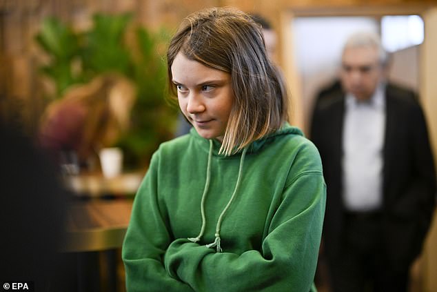 Swedish climate activist Greta Thunberg (pictured in Davos today) criticized business and political leaders attending the World Economic Forum in Davos on Thursday, saying it was 