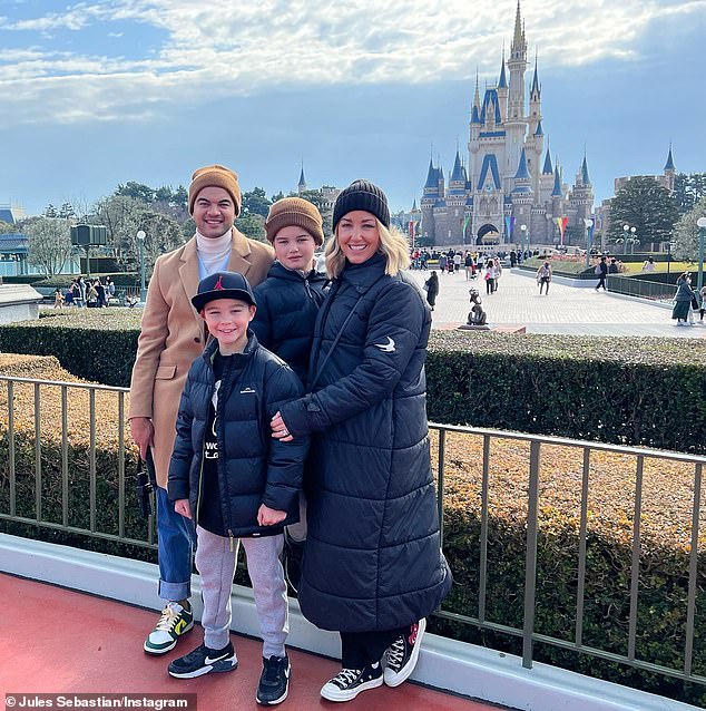 Guy Sebastian took his wife Jules Egan and their two children to Japan.  Family is pictured at Tokyo Disneyland