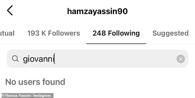 Unfollow: Hamza now appears to have unfollowed Giovanni after the news broke, but still follows Jowita.