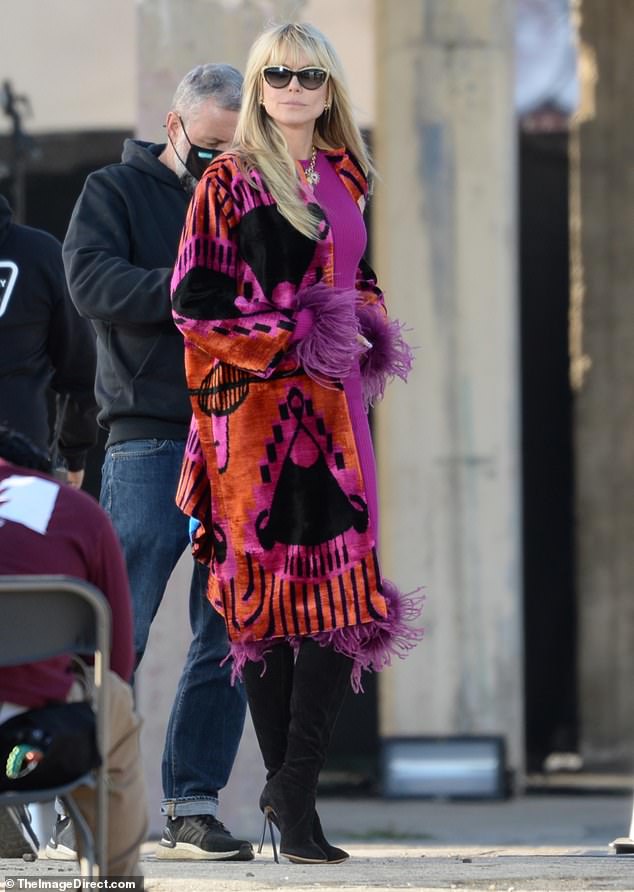 Stylish: Heidi Klum, 49, opted for a pop of color when spotted on the set of Germany's Next Top Model in Los Angeles early Monday