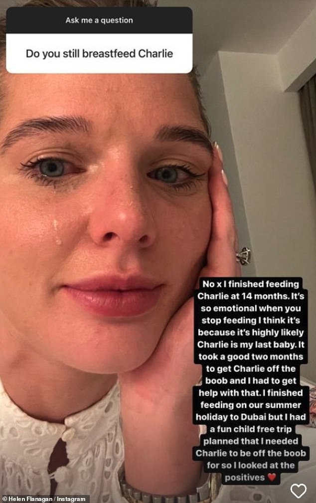 In tears: Helen Flanagan, 32, took to her Instagram Stories on Friday when she opened up about no longer breastfeeding her 17-month-old son Charlie