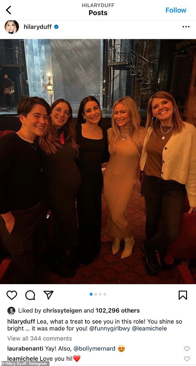 Great White Way: Hilary Duff (second right) enjoyed a girls' night out on Broadway when she and some friends saw Lea Michele (center) in the title role in Funny Girl, then caught up with the star of the show afterwards of the scene call.