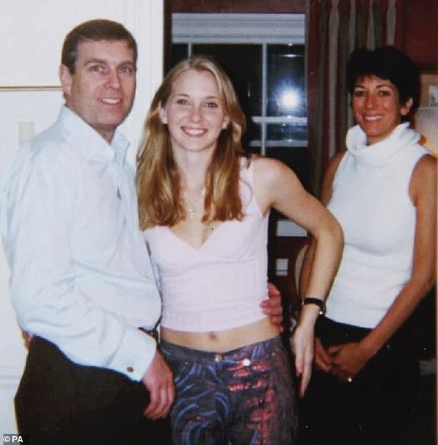 The March 2001 image shows Prince Andrew with his hand around Virginia Giuffre's waist alongside Ghislaine Maxwell laughing.