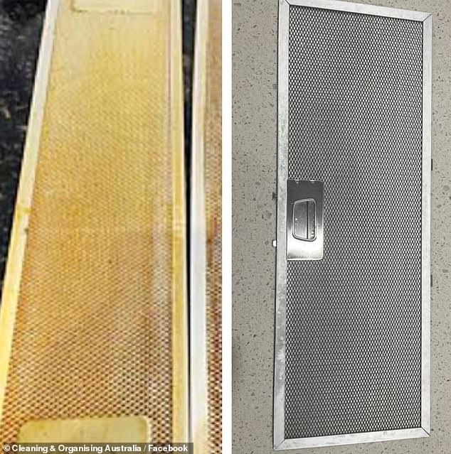 An Australian woman used The Glitz Cream Cleanser, which can be purchased at Bunnings Warehouse for $6.59, to clean her cooker hood filters (photo right: the result)