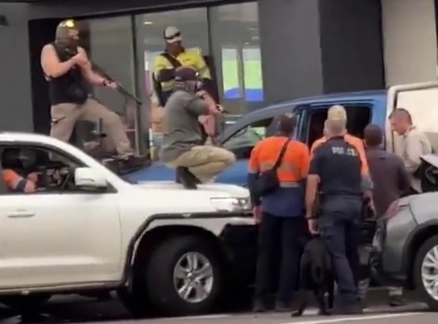 Witnesses filmed the arrest, which took place on the Stuart Highway outside Darwin at 6pm on Thursday.  Officers are seen aiming their weapons inside the ute