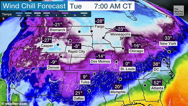 Millions will face strong arctic winds in the coming days as more than a dozen states will be affected by the drop in temperatures.