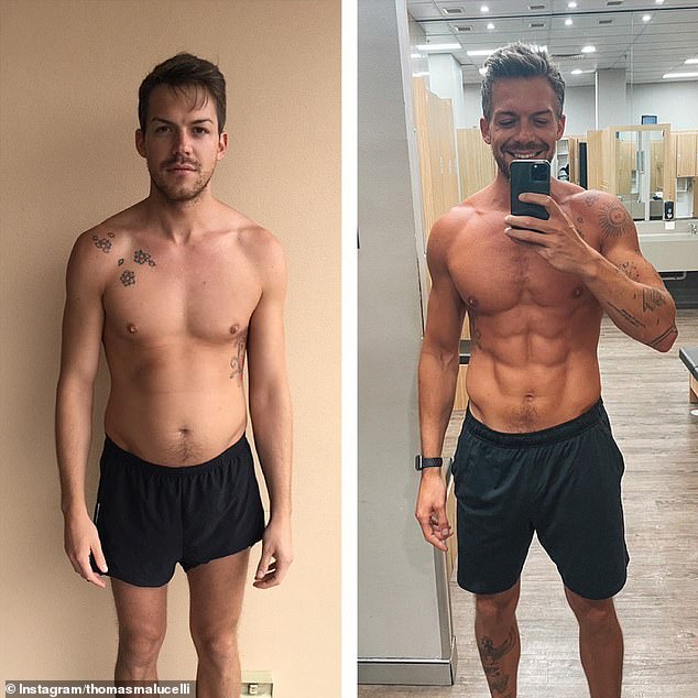 The Bachelor's Thomas Malucelli underwent an incredible bodily and spiritual transformation ahead of his reality debut.  (In the photo before and after his transformation)