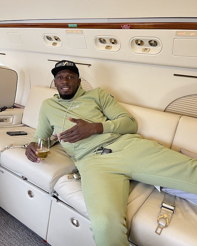 Usain Bolt, pictured in a private jet, is estimated to have a net worth of around £70 million.