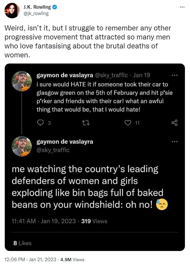 JK Rowling has spoken out after a man appeared to threaten to hit women's rights activists with a car as he watched them 'explode like bags full of baked beans'.  Pictured: The author replying to the Tweet from the now-deleted Twitter account @sky_traffic