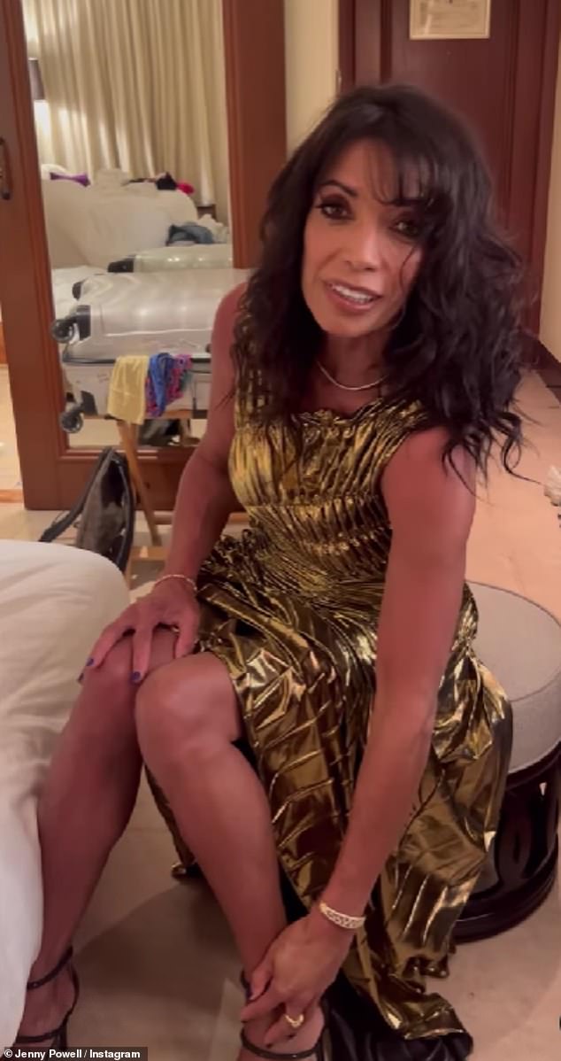 Stunning: Jenny Powell looked nothing short of sensational on Saturday in a gold gown while attending the star-studded opening of Dubai's new luxury hotel, Atlantis The Royal.