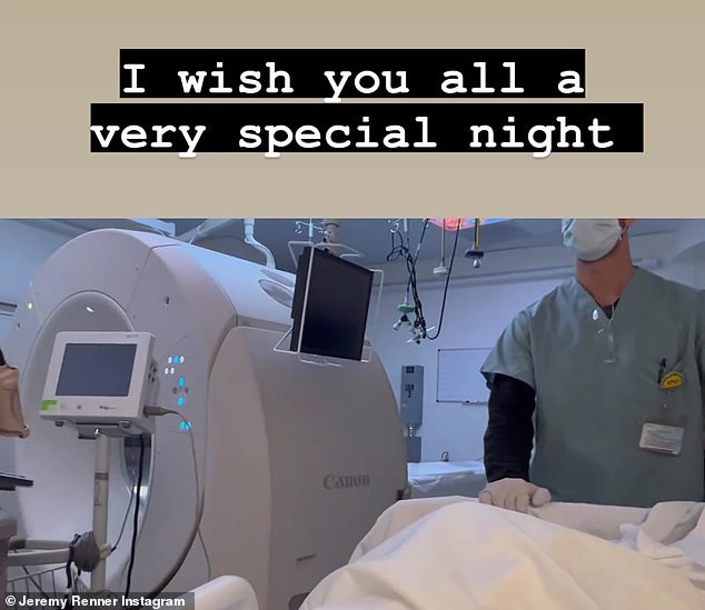 Renner shared images from the hospital of what appeared to be him being wheeled in for a CT scan or MRI on Friday.  Captioning the video of him being moved into a large, high-tech imaging machine, Renner wrote: 